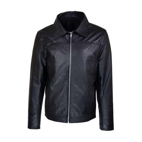 Veste homme en cuir noir d’agneau véritable avec col montant amovible et coupe moderne.