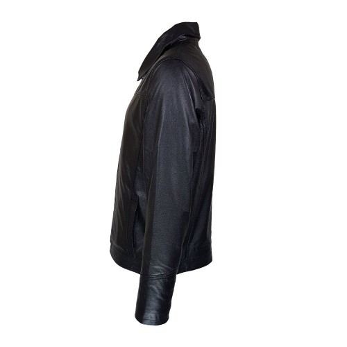 Veste homme en cuir noir d’agneau véritable avec col montant amovible et coupe moderne.