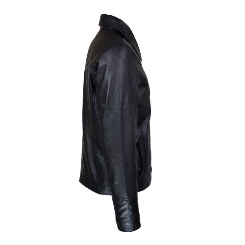 Veste homme en cuir noir d’agneau véritable avec col montant amovible et coupe moderne.