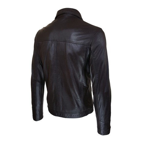 Blouson homme en cuir marron foncé avec col chemise et col montant amovible zippé.