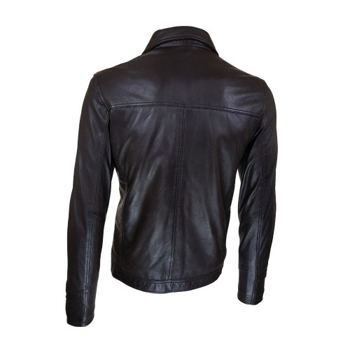 Blouson homme en cuir marron foncé avec col chemise et col montant amovible zippé.
