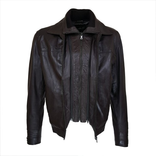 Blouson homme en cuir marron foncé avec col chemise et col montant amovible zippé.