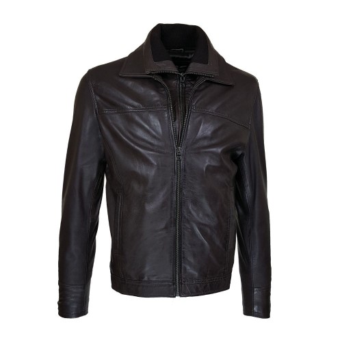 Blouson homme en cuir marron foncé avec col chemise et col montant amovible zippé.