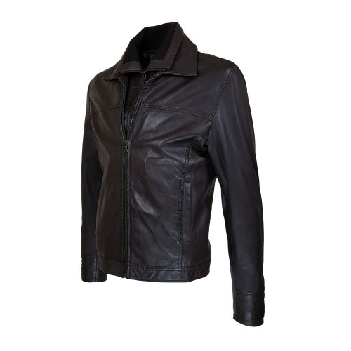 Blouson homme en cuir marron foncé avec col chemise et col montant amovible zippé.