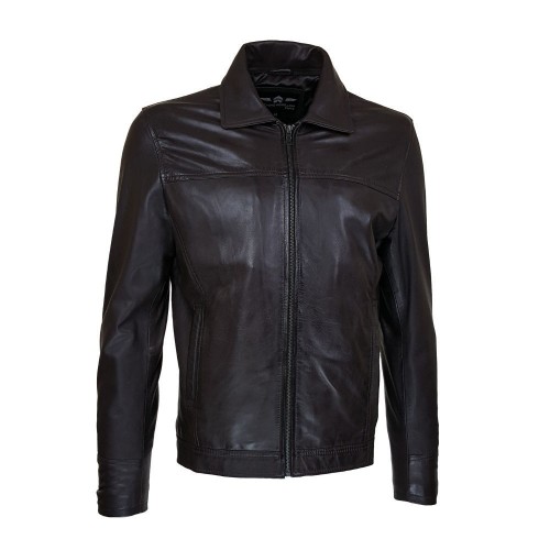 Blouson homme en cuir marron foncé avec col chemise et col montant amovible zippé.