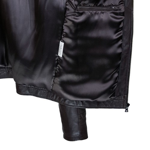 Blouson homme en cuir marron foncé avec col chemise et col montant amovible zippé.