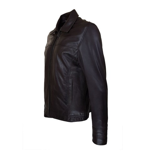 Blouson homme en cuir marron foncé avec col chemise et col montant amovible zippé.