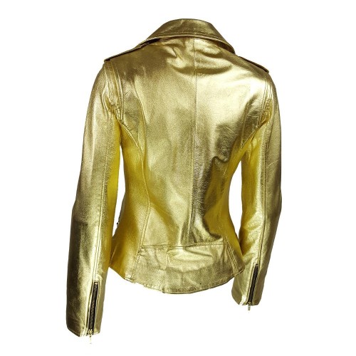Blouson perfecto femme en cuir d’agneau – Teinte or chic, audacieuse et lumineuse