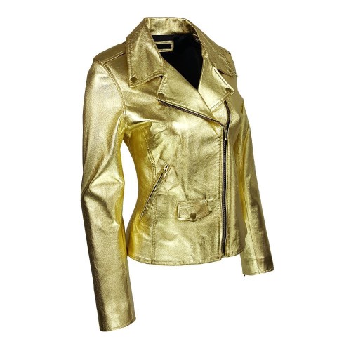 Blouson perfecto femme en cuir d’agneau – Teinte or chic, audacieuse et lumineuse