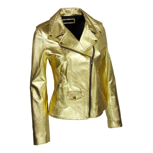 Blouson perfecto femme en cuir d’agneau – Teinte or chic, audacieuse et lumineuse