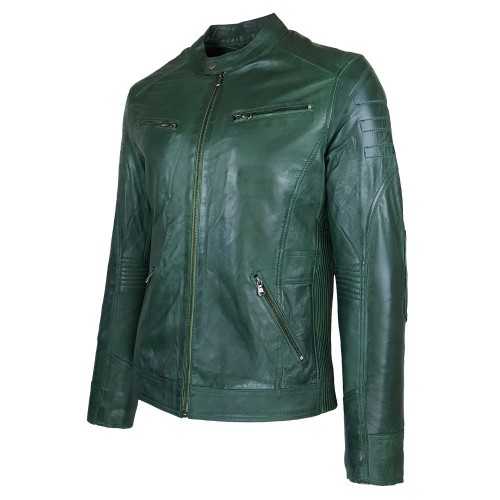 Blouson en cuir d’agneau vert pour homme avec col rond, matelassé aux épaules et poches zippées