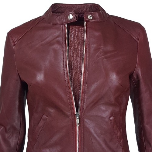 Blouson Femme en Cuir d’Agneau – Rouge Bordeaux
