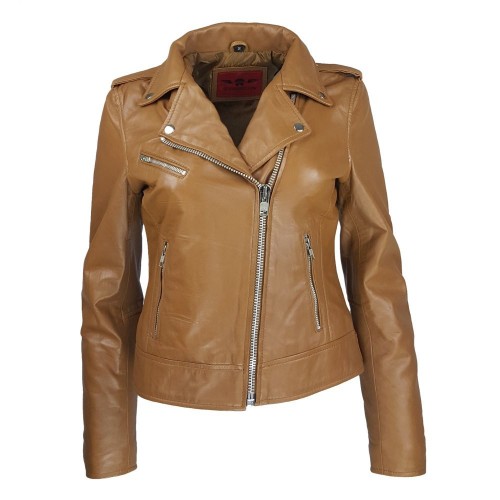 Blouson Perfecto camel femme en cuir d’agneau – blouson chic et structuré, esprit biker