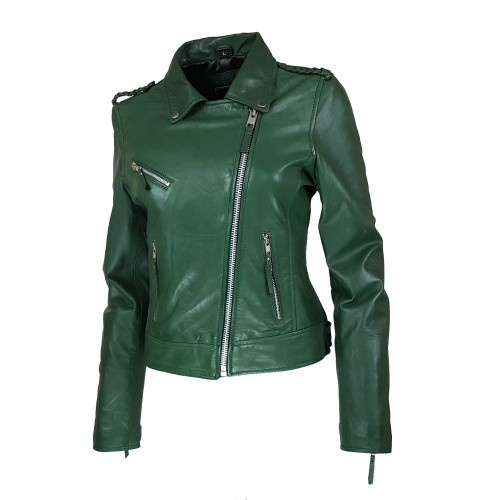 Blouson perfecto femme en cuir d’agneau vert foncé avec clous décoratifs
