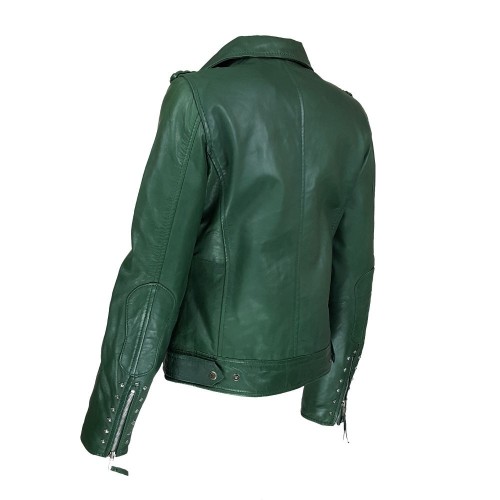 Blouson perfecto femme en cuir d’agneau vert foncé avec clous décoratifs