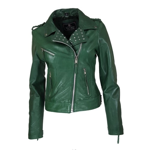 Blouson perfecto femme en cuir d’agneau vert foncé avec clous décoratifs