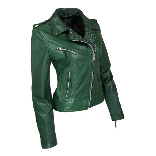 Blouson perfecto femme en cuir d’agneau vert foncé avec clous décoratifs