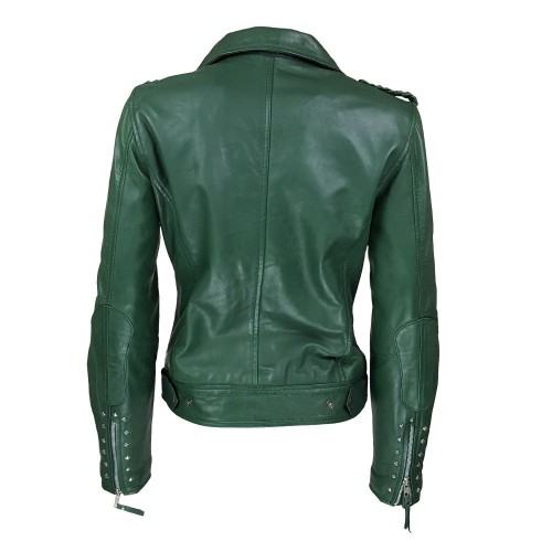 Blouson perfecto femme en cuir d’agneau vert foncé avec clous décoratifs
