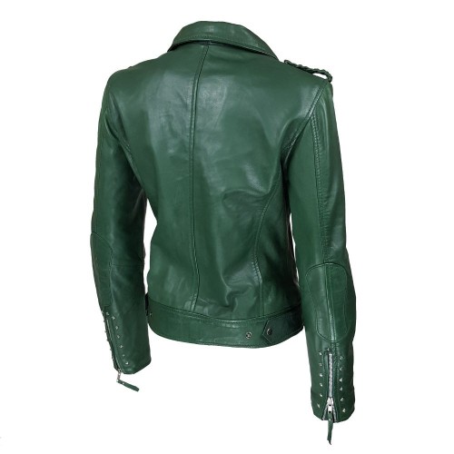 Blouson perfecto femme en cuir d’agneau vert foncé avec clous décoratifs