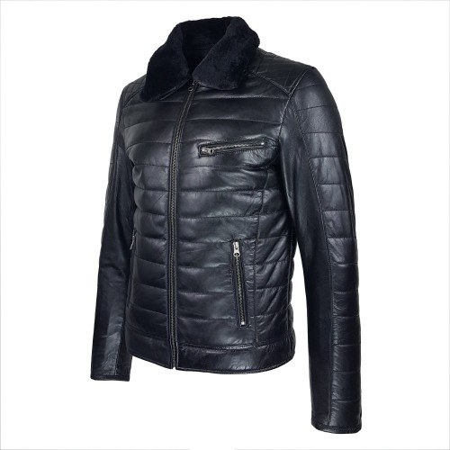 Blouson homme en cuir d’agneau matelassé noir avec col amovible