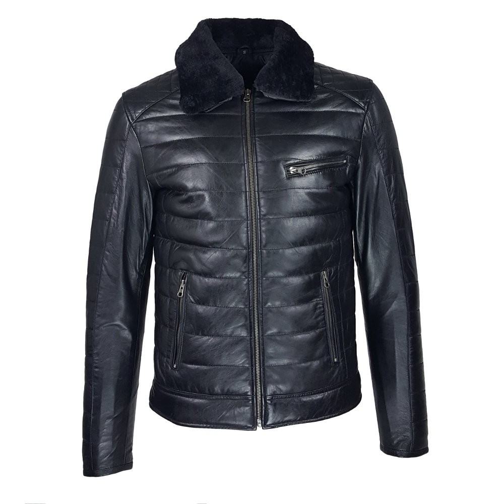 Blouson homme en cuir d’agneau matelassé noir avec col amovible
