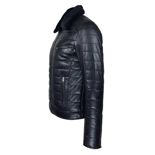 Blouson homme en cuir d’agneau matelassé noir avec col amovible