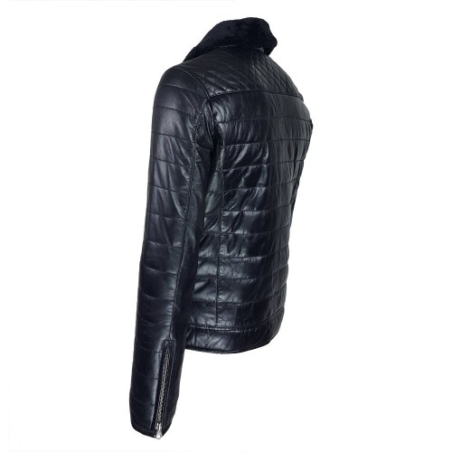 Blouson homme en cuir d’agneau matelassé noir avec col amovible