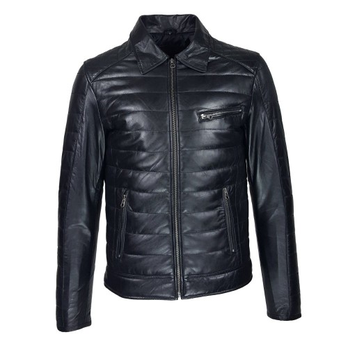 Blouson homme en cuir d’agneau matelassé noir avec col amovible