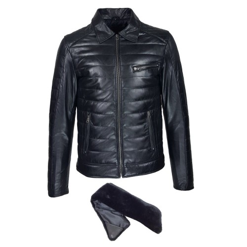 Blouson homme en cuir d’agneau matelassé noir avec col amovible