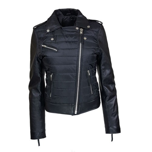 Blouson perfecto noir femme bimatière cuir et matelass