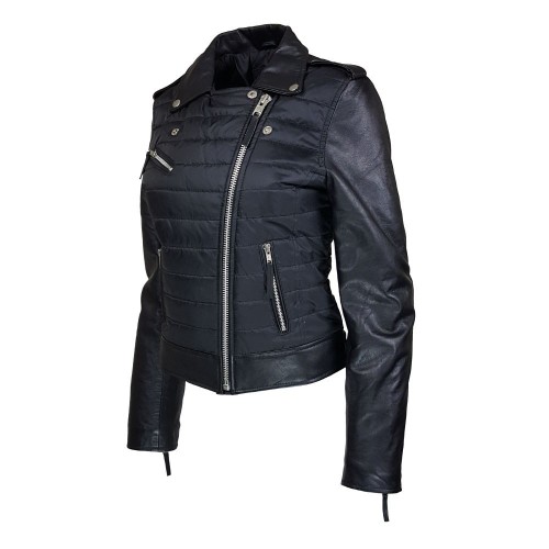 Blouson perfecto noir femme bimatière cuir et matelass