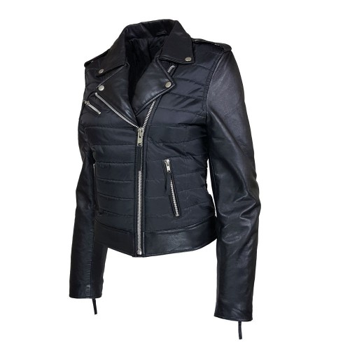 Blouson perfecto noir femme bimatière cuir et matelass