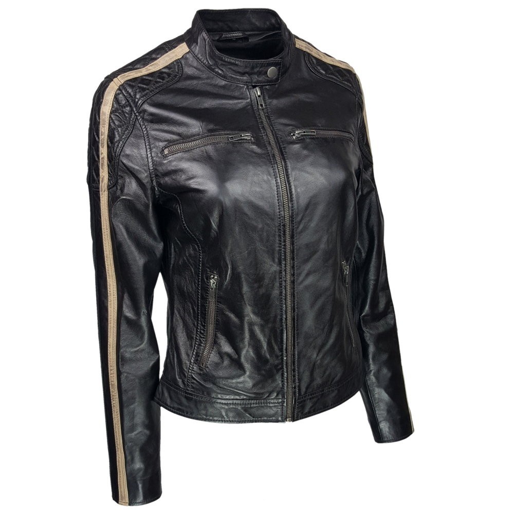 Blouson cuir marron foncé femme, col rond et poches zippées
