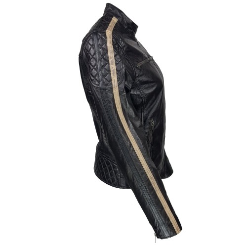 Blouson cuir marron foncé femme, col rond et poches zippées