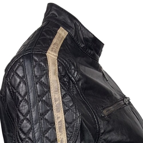 Blouson cuir marron foncé femme, col rond et poches zippées