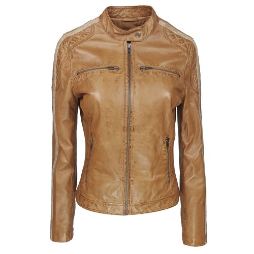 Blouson en cuir d’agneau marron camel avec détails
