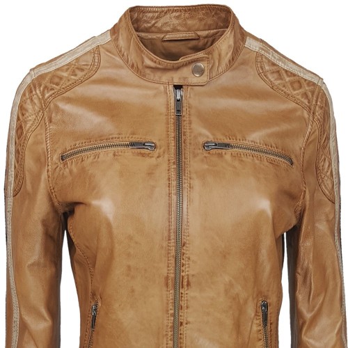 Blouson en cuir d’agneau marron camel avec détails