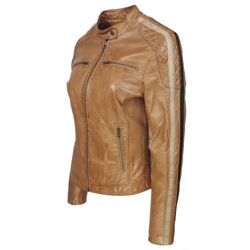 Blouson en cuir d’agneau marron camel avec détails