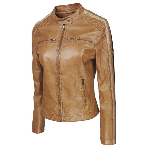 Blouson en cuir d’agneau marron camel avec détails