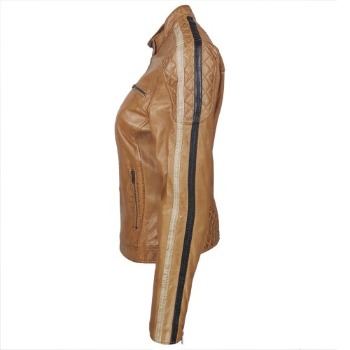 Blouson en cuir d’agneau marron camel avec détails