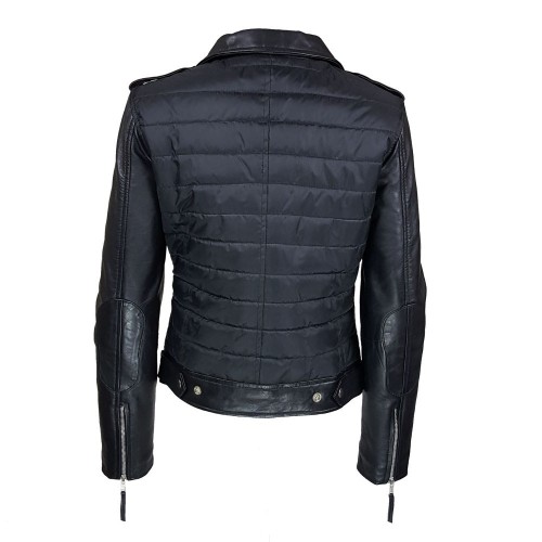 Blouson perfecto noir femme bimatière cuir et matelass