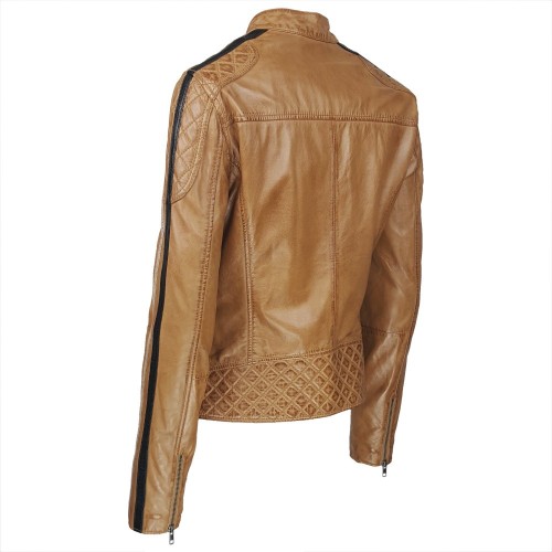 Blouson en cuir d’agneau marron camel avec détails