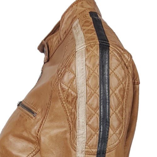 Blouson en cuir d’agneau marron camel avec détails