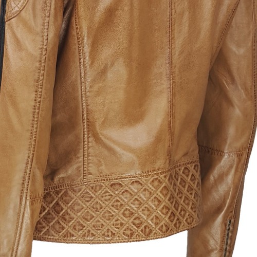 Blouson en cuir d’agneau marron camel avec détails