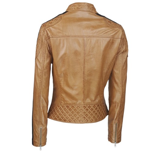 Blouson en cuir d’agneau marron camel avec détails