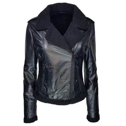 Blouson biker femme cuir noir avec doublure effet peau de mouton – look hivernal chic