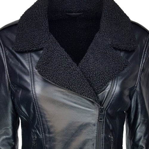 Blouson biker femme cuir noir avec doublure effet peau de mouton – look hivernal chic