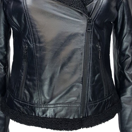 Blouson biker femme cuir noir avec doublure effet peau de mouton – look hivernal chic