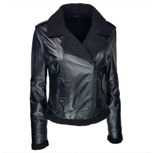 Blouson biker femme cuir noir avec doublure effet peau de mouton – look hivernal chic