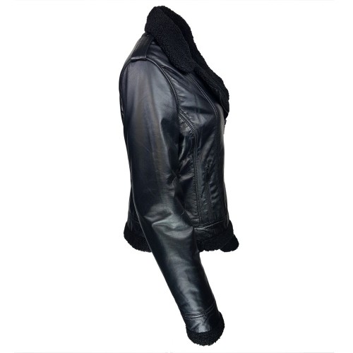 Blouson biker femme cuir noir avec doublure effet peau de mouton – look hivernal chic
